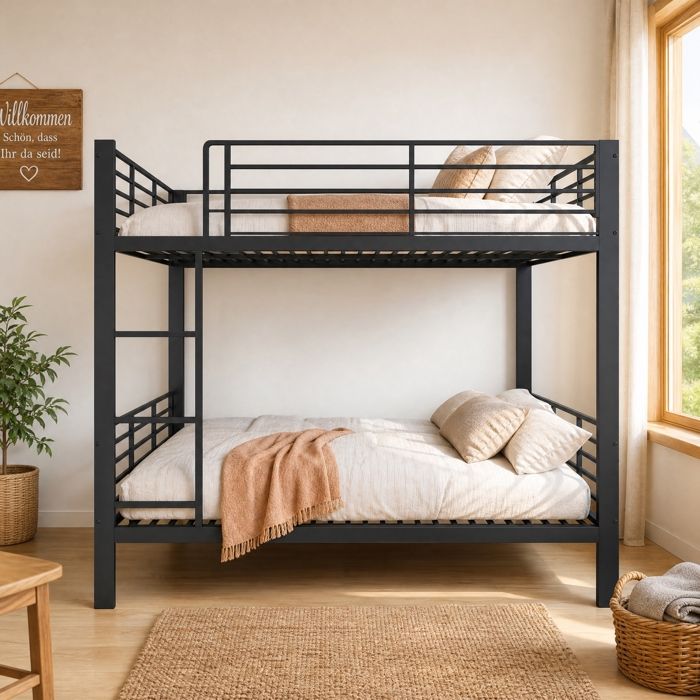 Lit superposé adulte 2x140x200 cm acier renforcé charge 400 kg anti-grincement garde-corps haut noir sans matelas