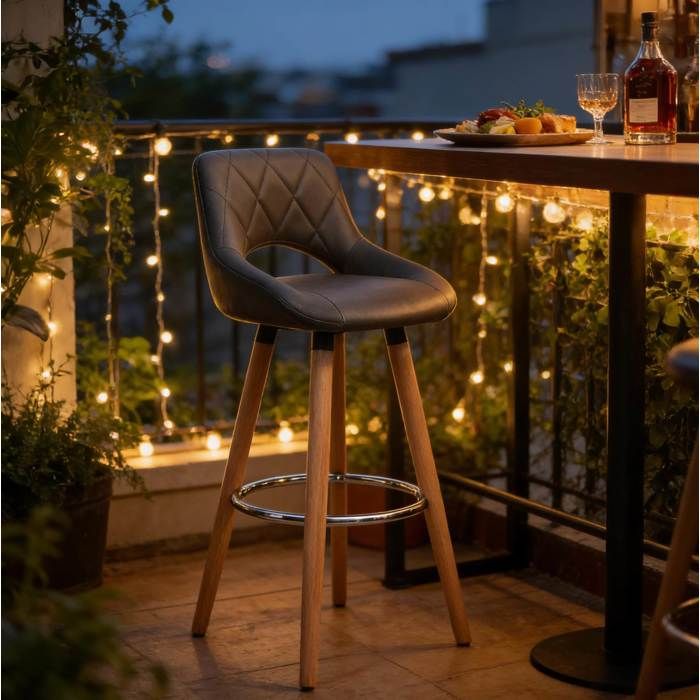 Tabouret de bar avec dossier gris 70 cm en simili et bois massif repose-pieds métal style moderne ORVRYN