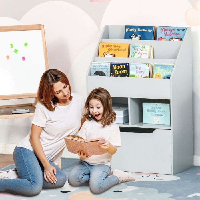 Bibliothèque Enfant Grise Tiroir Étagère À Livres FloraGrace Pour Chambre Enfant Avec Anti-Basculement 60x29 9x90cm