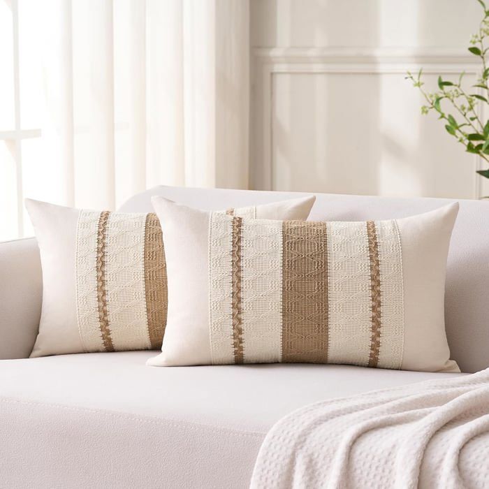 Housse de coussin bohème - lot de 2 - 30 x 50 cm - coton et lin texturé à rayures tissées - marron