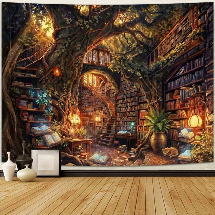 Tenture Murale Bibliothèque Forestière – Arbre Magique Et Étagère De Livres Décoration Murale Fantaisie Pour Salle De Classe Salo