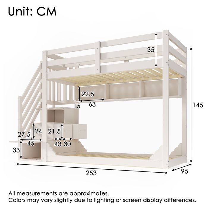 Lit superposé enfant 90x200 cm blanc avec escalier coffre rangements barrières de sécurité et étagères bois (sans matelas)