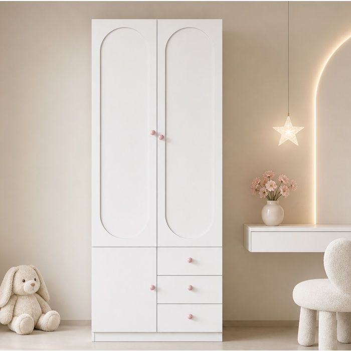 Armoire Enfant Blanche Armoire 2 Portes Et Tiroirs FloraGrace Pour Chambre Avec Tringle De Penderie 80x50x200cm