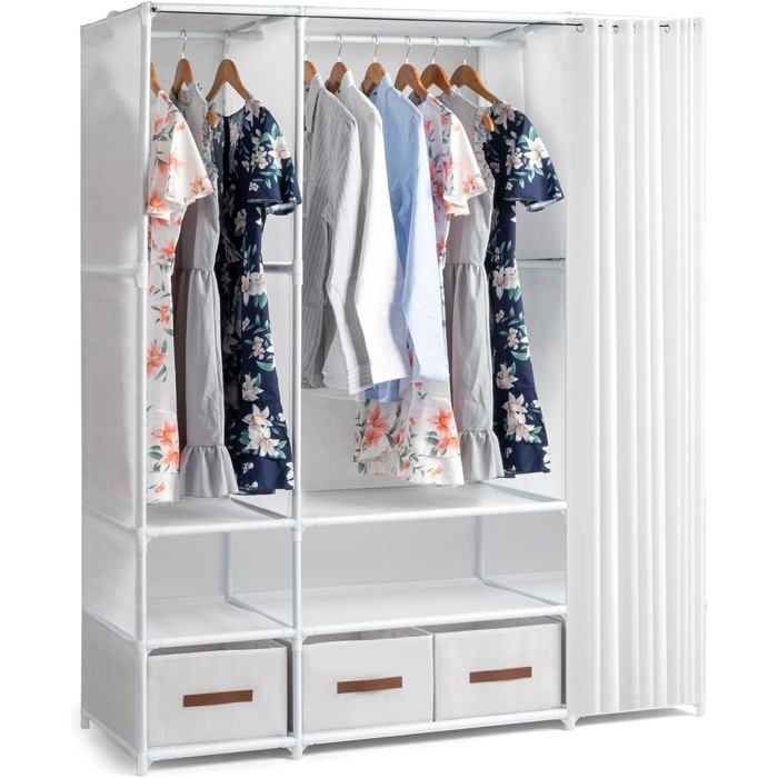 Alightup Armoire de Rangement avec Rideau Penderie Métallique Barres de Suspension 144 x 45 x 166 cm Blanc Alightup Armoire de Rangement avec Rideau Penderie Métallique Barres de Suspension 144 x 45 x 166 cm Blanc