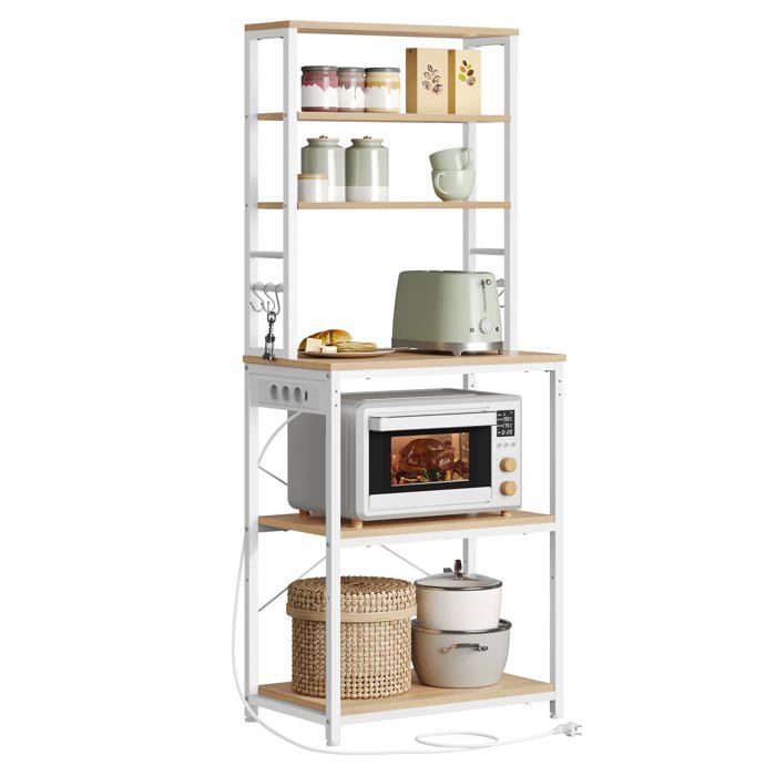 Étagère de Cuisine avec Multiprise Étagère pour hine à Café 6 Étagères 6 Crochets Chêne Dé + Blanc Nuage 60 DESSERTE DE CUISINE