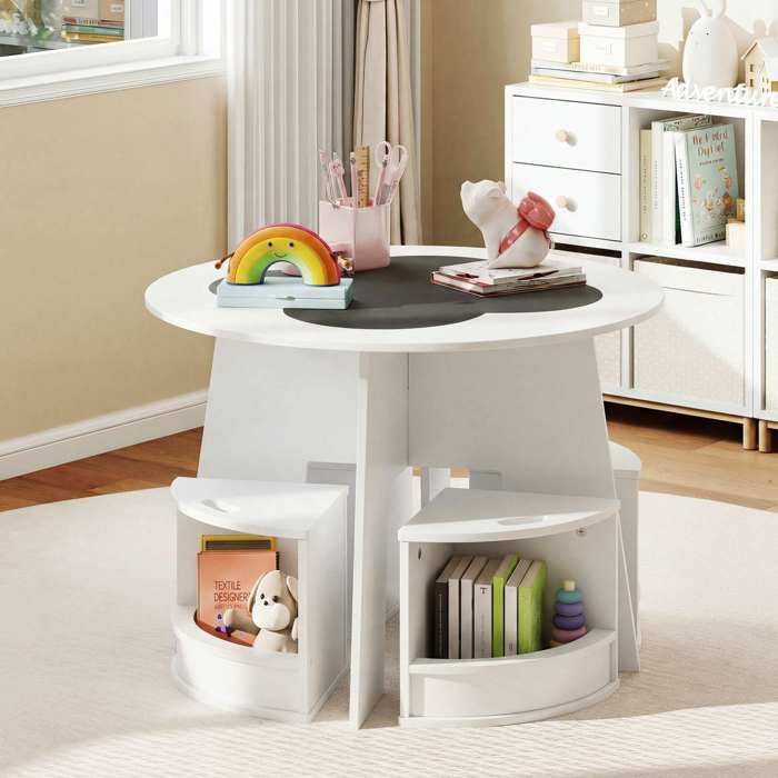 Table enfant et 4 tabourets de rangement design rond pour activités et jeu à la maison