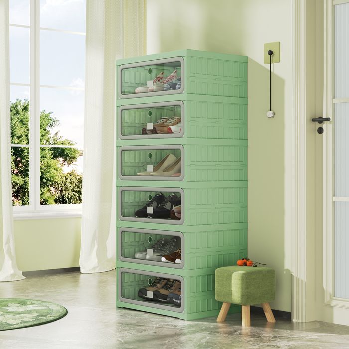 Meuble à chaussures pliable SORVAGLOS 45×34×106 cm 6 niveaux 12 Paires porte transparente en PET matériau PP style moderne vert