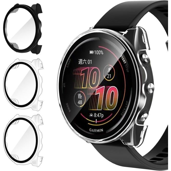 3 Pièces Coque Dur PC pour Garmin Forerunner 570 42mm Couverture Complète Protection écran en Verre Trempé Étui de Protection