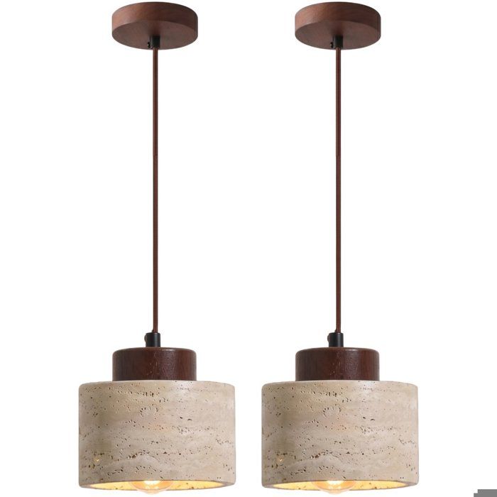 WOTTES 2 x Ø12cm Lustre en Pierre Calcaire Jaune Naturelle Lampe Japonais Style Wabi Sabi Luminaires Suspension pour Salle à Manger