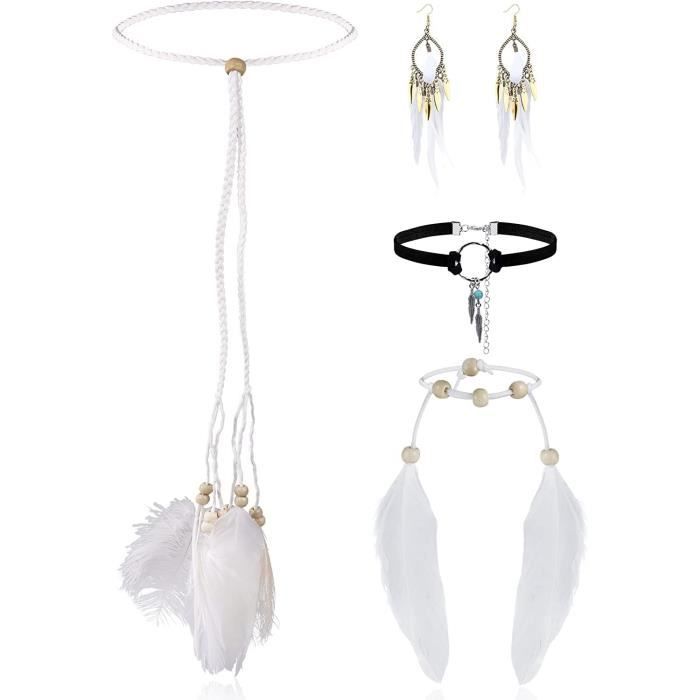 LOLIAS 4 Pièces Coiffe Indienne Ensemble Collier Cuir Boucles D'oreilles Plumes Pour Femmes Bracelet Fait Main Vintage Boho Hippie Tribal Thème Fête Carnaval Bijoux, Acier Inoxydable