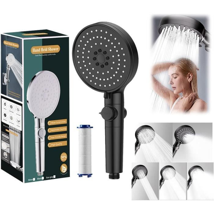 Pommeau De Douche Haute Pression 5 Jets - Économiseur D’Eau, Anti-Calcaire, Avec Tuyau Et Support