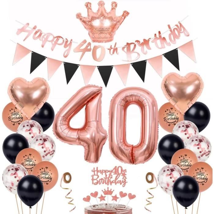 Pack Déco 40 Ans Femme Or Rose - 76 Pièces Avec Bannière Fanion - Fête Anniversaire