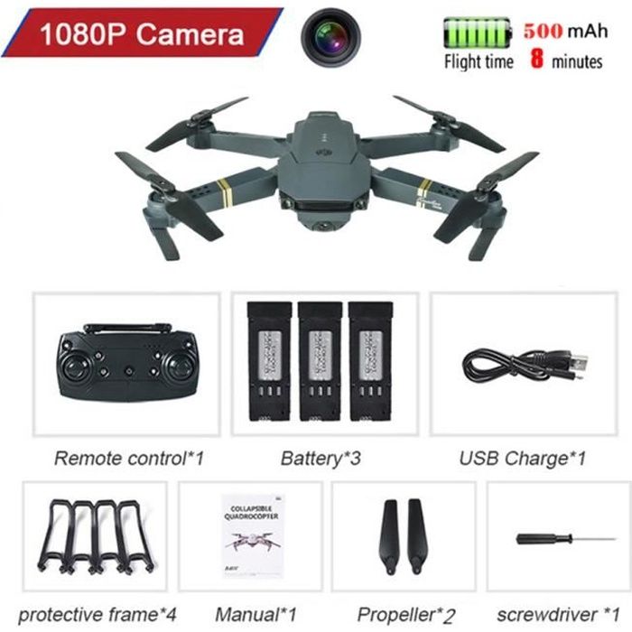 Drone E58 - Wifi RC - Caméra 1080P - 3 batteries - Grand angle - 8 min de vol
