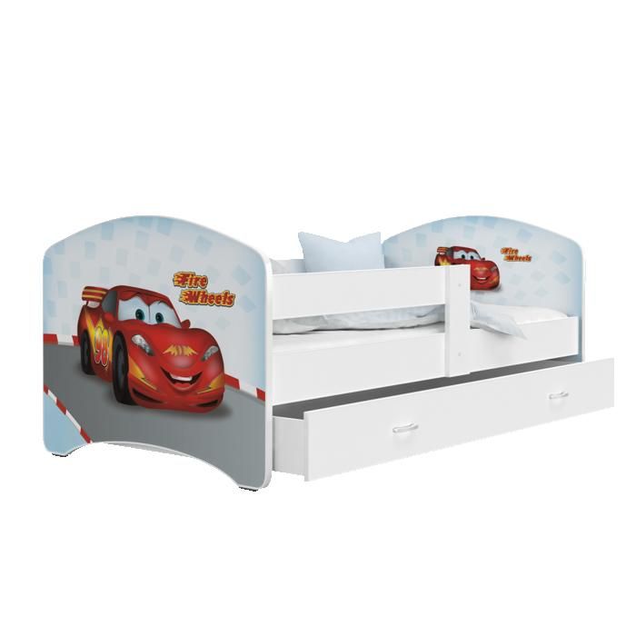 Lit enfant happy 80x160 cars blanc livr&eacute; avec sommiers, tiroir et matelas en mousse de 7cm