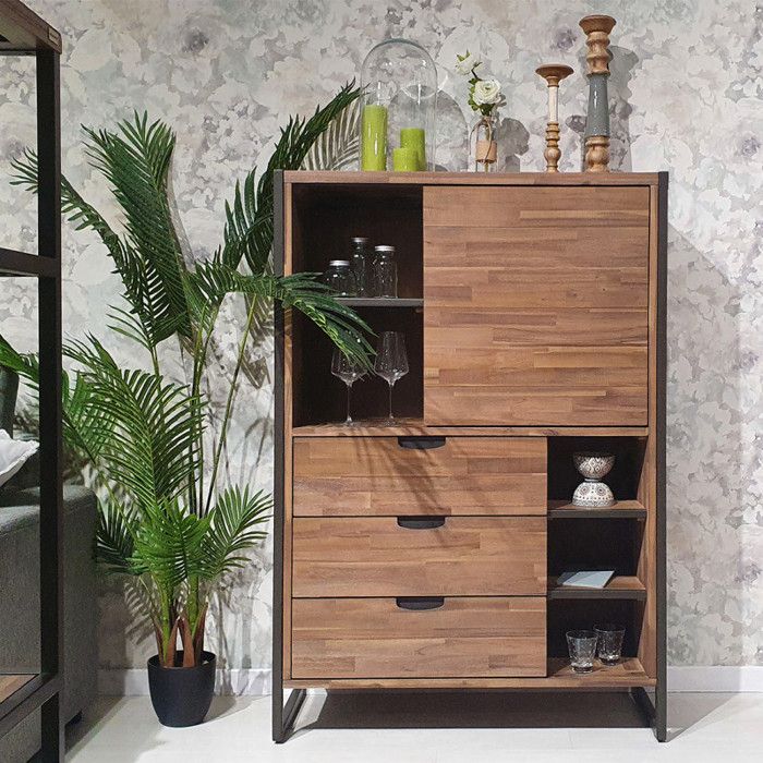 Étagère 3 tiroirs 5 niches 1 porte en bois dacacia et métal - MAYBEL Meubletmoi Étagère 3 tiroirs 5 niches 1 porte en bois dacacia et métal - MAYBEL Meubletmoi