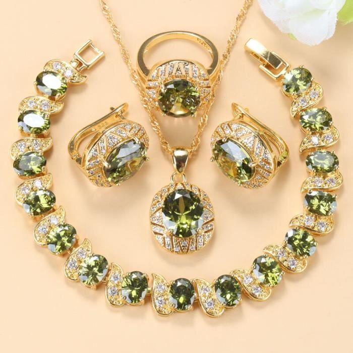 Ensemble De Bijoux De Mariée En Or Et Cristal Émeraude - Collier Et Boucles D'Oreilles Pendantes - Pour Bal, Soirée, Cérémonie