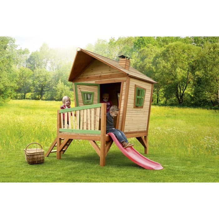 AXI Iris Maison Enfant avec Toboggan rouge | Aire de Jeux pour l'extérieur en marron & vert | Maisonnette / Cabane de Jeu en Bois