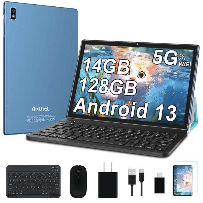 Tablette Tactile 10.1 Pouces GOODTEL, Android 13, 14 Go + 128 Go,5G Wi-FI,TYPC-C,Octa-Core, 8000mAh Batterie, 8 accessoires-Bleu