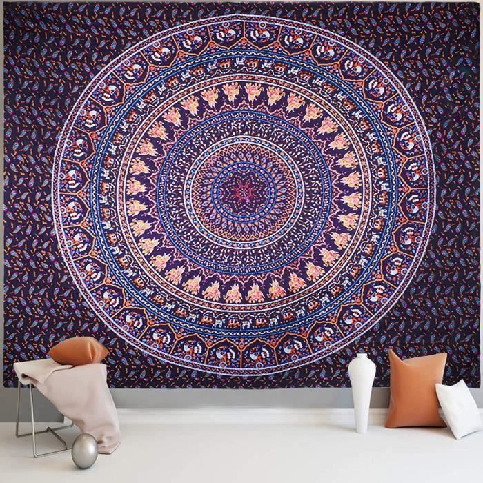 Tapisserie Murale Bohème Paon Mandala - 140x185cm Rose Violet - Décoration Hippie Indienne