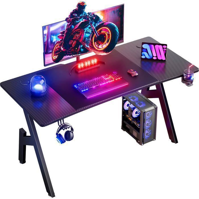 HLONONE Bureau Gaming 140 x 60cm Bureau Gamer en Fibre de Carbone Porte-gobelet et Crochet pour Casque Noir