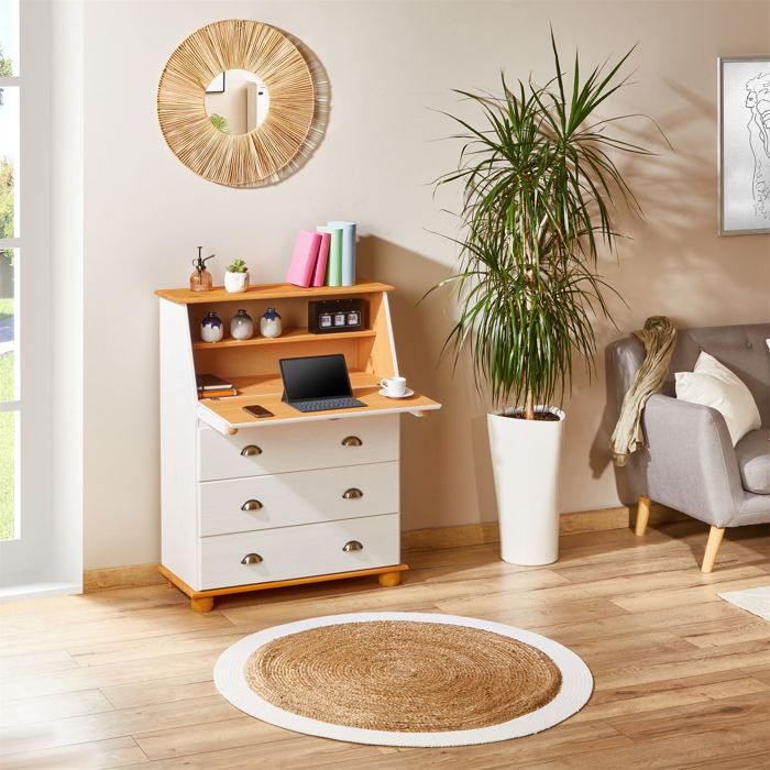 Bureau secrétaire GOMES avec abattant 1 étagère et 3 tiroirs plan de travail rabattable en pin massif lasuré blanc et brun Bureau secrétaire GOMES avec abattant 1 étagère et 3 tiroirs plan de travail rabattable en pin massif lasuré blanc et brun