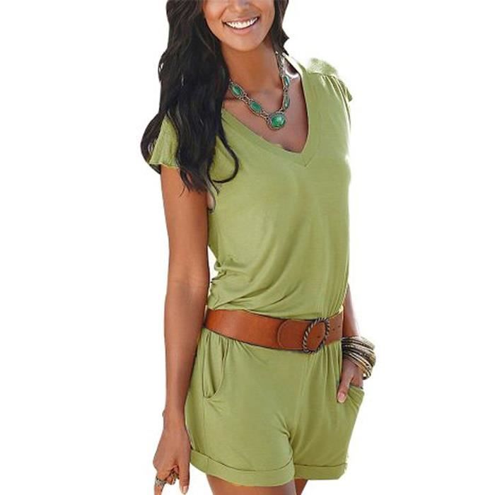 Minetom Combishort Femme D Ete Col V Manche Court Jumpsuit Elastique Playsuit Combinaisons Romper Mini Short Sans Ceinture Vert Cdiscount Pret A Porter