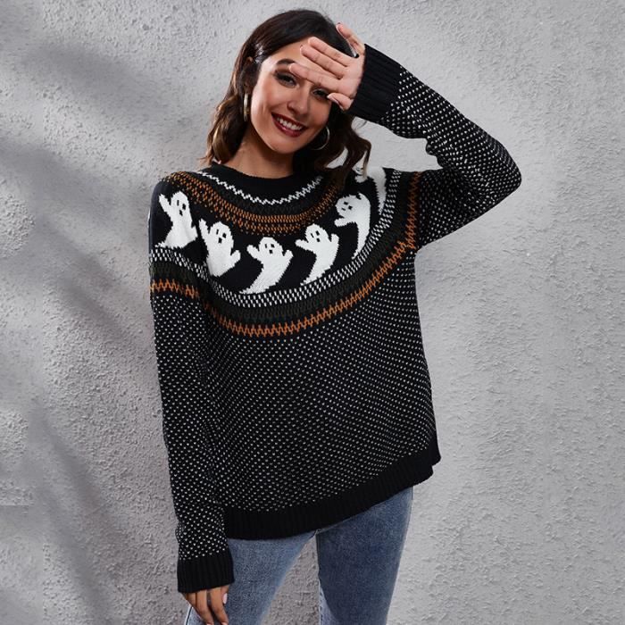 Pull tricote a manches longues pour femme retro ample a pois automne et hiver Noir Noir Cdiscount Pret a Porter