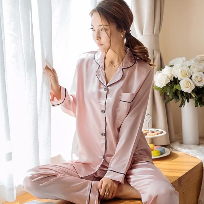 Pyjamas en soie pour femmes,pyjama satin femme nuisette sexy pijama pyjamas  hiver chaud survetement ensemble automne à manches long