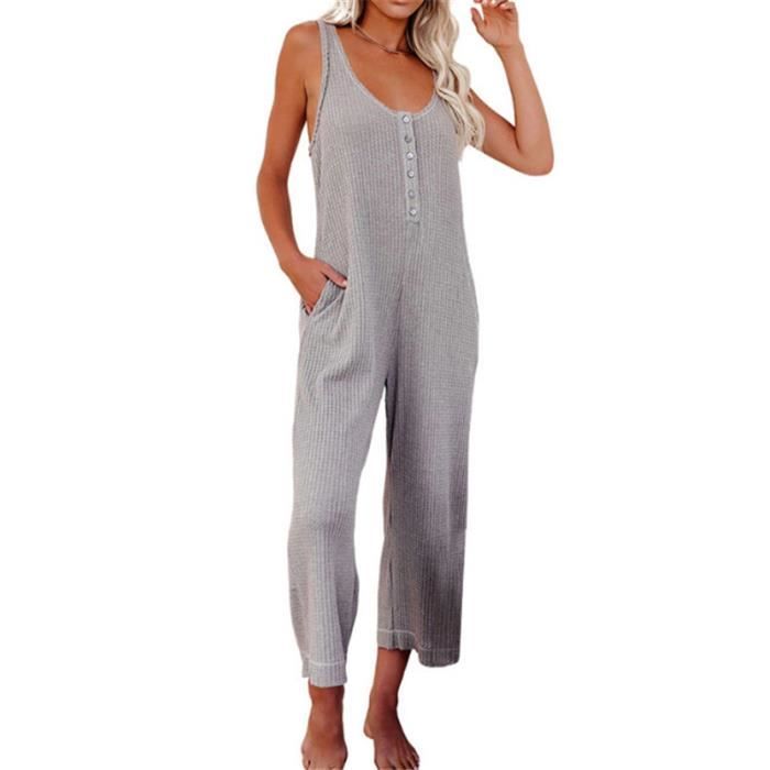 Combinaison pour femme Baggy Oversize Décontractée Loose Bretelle Femme Salopette Barboteuse Combishort avec de grandes poches Combinaison de travail, gris, S