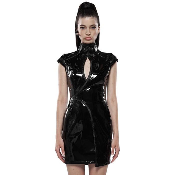 Robe courte en vinyle noir brillant lacage et ouverture fetish asiatique Punk Rave Noir Cdiscount Pret a Porter