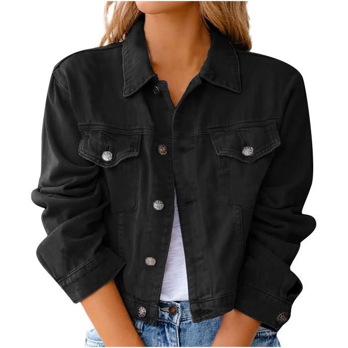 Denim veste manches longues boyfriend oversize mode femme jean jacket noir  - Manteaux - Hauts