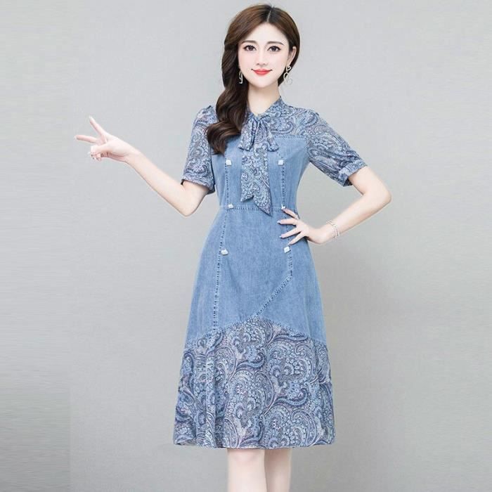 Robe en jean v??tements pour femmes ?�t?� haute ?�pissage en mousseline de soie loisirs gr?�ce noeud 