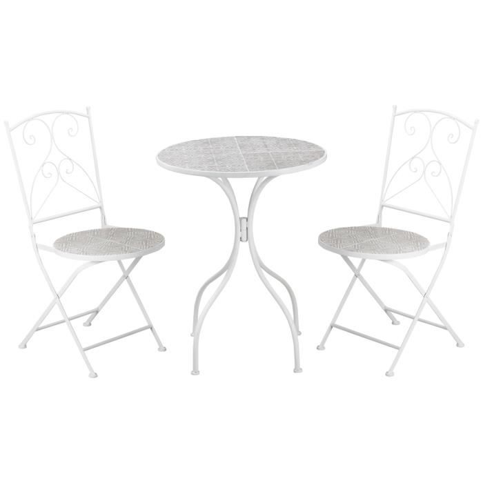 Outsunny Ensemble de jardin bistro 3 pièces 2 chaises pliantes et table ronde en métal époxy et plateau mosaïque - blanc