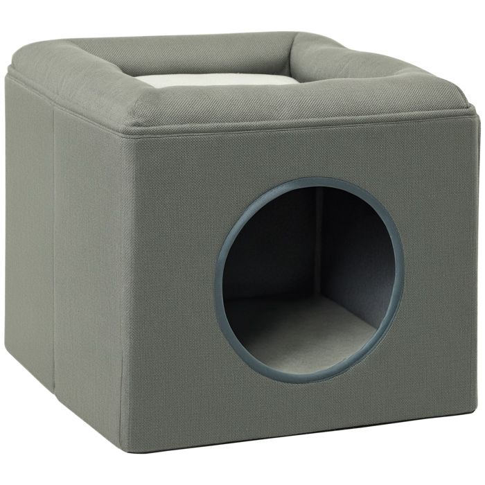 Maison niche - PawHut - pour chat 2 niveaux avec coussin moelleux en peluche habitat - bois - 365x365x33cm - gris