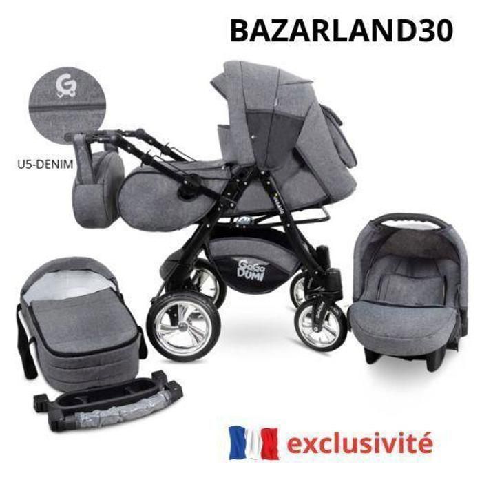 Poussette 3 en 1 Bébé Combinée Siège-Auto Nacelle Trio Réversible Réglable Haute Qualité Roues increvables Canne grey.bazarland30