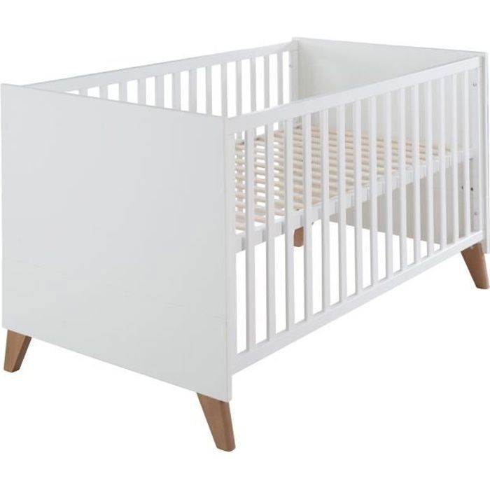 Lit bébé évolutif en lit junior - 70 x 140 cm - ROBA - OLE - Blanc / Pieds chêne massif