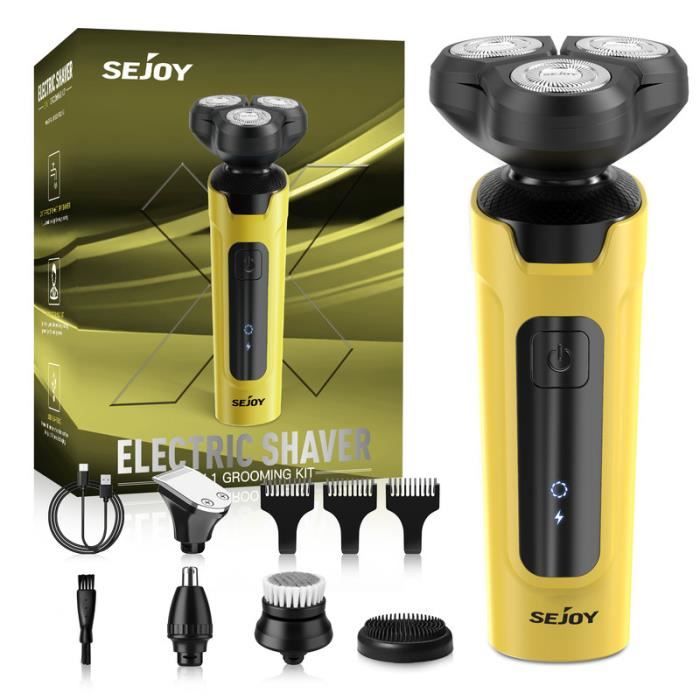 SEJOY Rasoir Électrique Hommes 3D Flottante Rechargeable 5 En 1 Tondeuse Barbe&Nez,Brosse de Nettoyage de Visage,IPX7 Étanche,Jaune