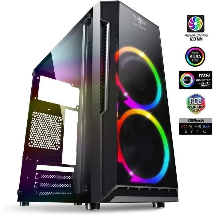 Boitier PC Gamer RGB Noir, Moyen Tour Gaming Vide, 3 Ventilateurs, ATX, ITX