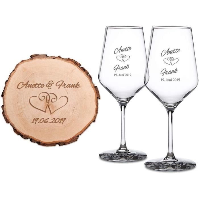 Cadeau Mariage Casa Vivente - 2 Verres à Vin Gravés + Tranche Bois - Personnalisation Noms/Date