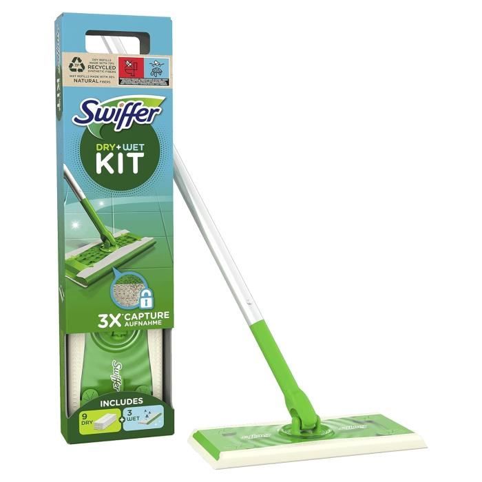 Swiffer Kit Complet Balai, 8 Lingettes Sèches + 3 Lingettes
