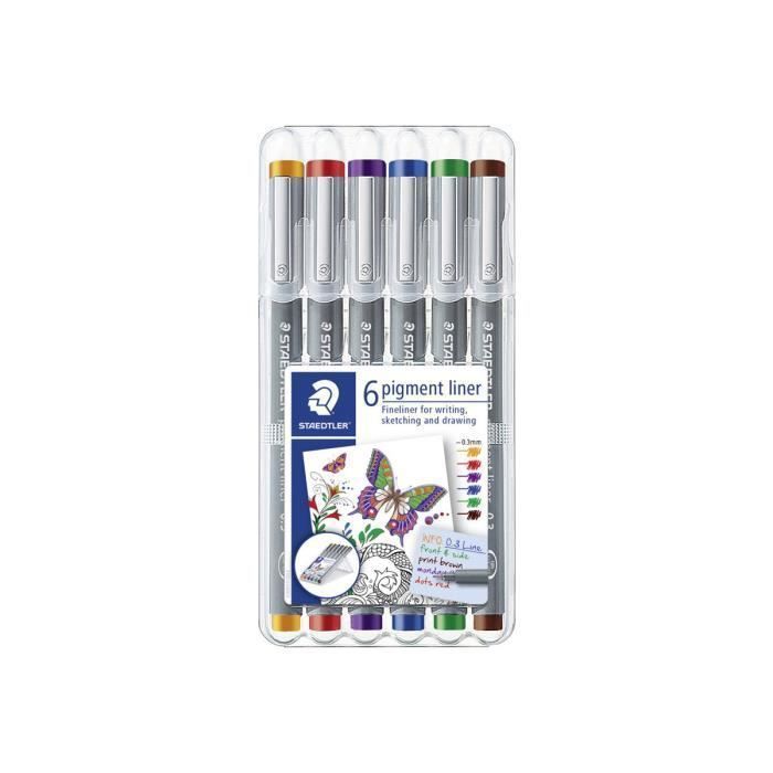 STAEDTLER pigment liner 308 Feutre fin couleurs assorties encre pigmentée 0.3 mm fin pack de 6