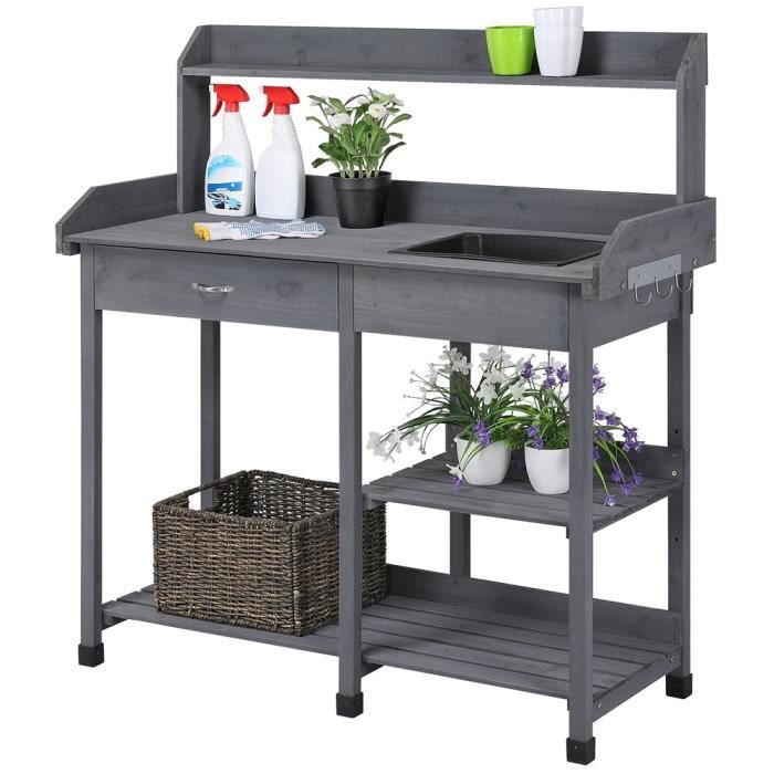 Yaheetech Table de Rempotage pour Semis en Bois Plan de Travail avec Tiroirs Amovibles et Etagères de Rangement en Bois Gris