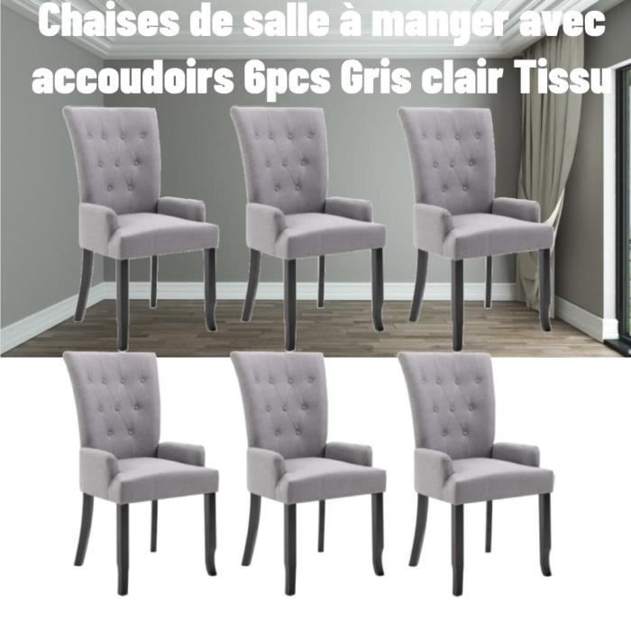 chaises de salle à manger de cuisine 54 x 56 x 106 cm avec accoudoirs 6pcs gris clair tissu + cadre en bois de chêne yum-2