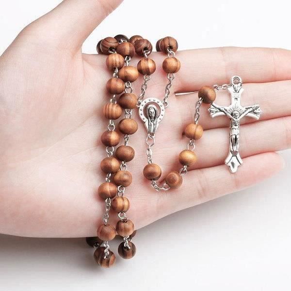Chapelet Catholique En Bois Naturel - Avec Croix Et Médailles Jésus Et Saint Benoît | Pour Prière, Communion, Baptême, Messe - 6