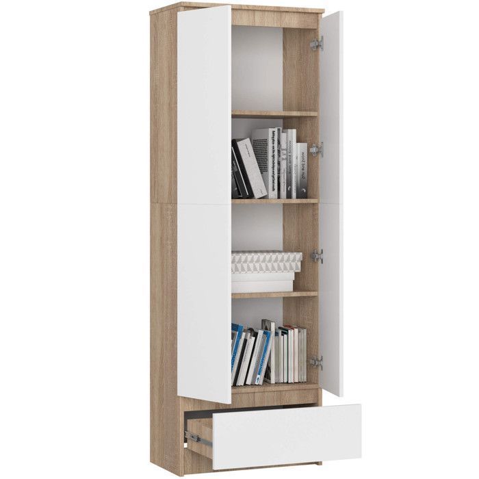 Bibliothèque AKORD R15 Blanche, 80 Cm - 2 Portes, 2 Tiroirs, 7 étagères - Meuble De Rangement Multifonction Pour Bureau Ou Chambre