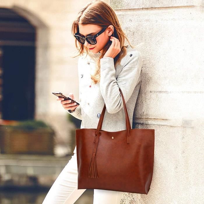 Femme Sac Cabas Grand Sac A Main Sac Fourre Tout En Cuir Pu Sac A Bandouliere Mode Sac A Main Marron u712 Cdiscount Bagagerie Maroquinerie