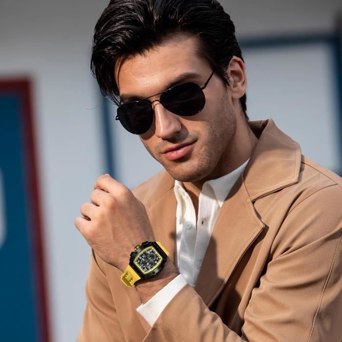 Montre Homme 50M tanche Bo tier Tonneau En Acier Inoxydable Verre Saphir Bracelet En Silicone Avec Fonction Fate Chronograp p7257