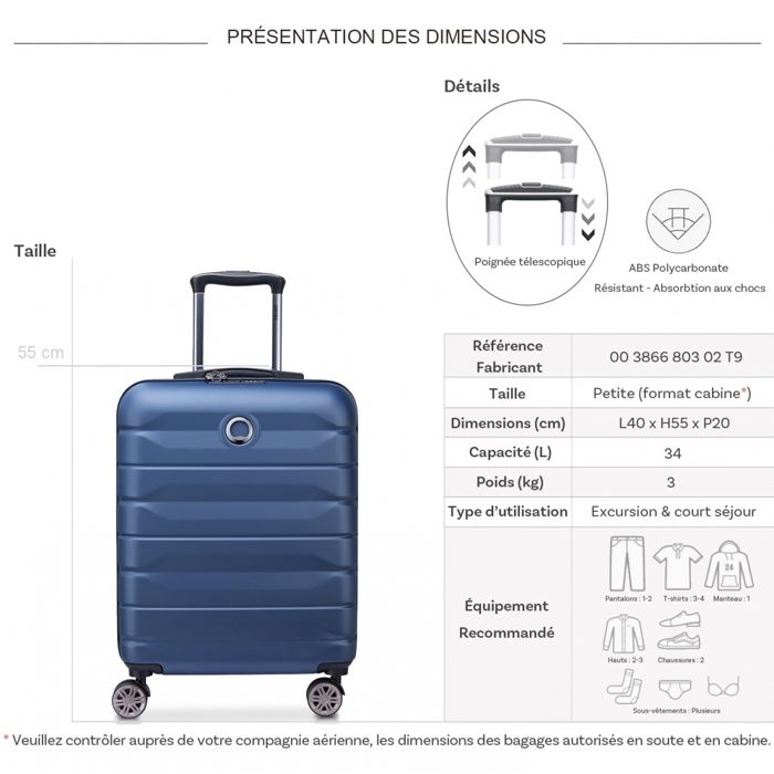 DELSEY PARIS AIR ARMOUR Valise cabine rigide slim 55x40x20