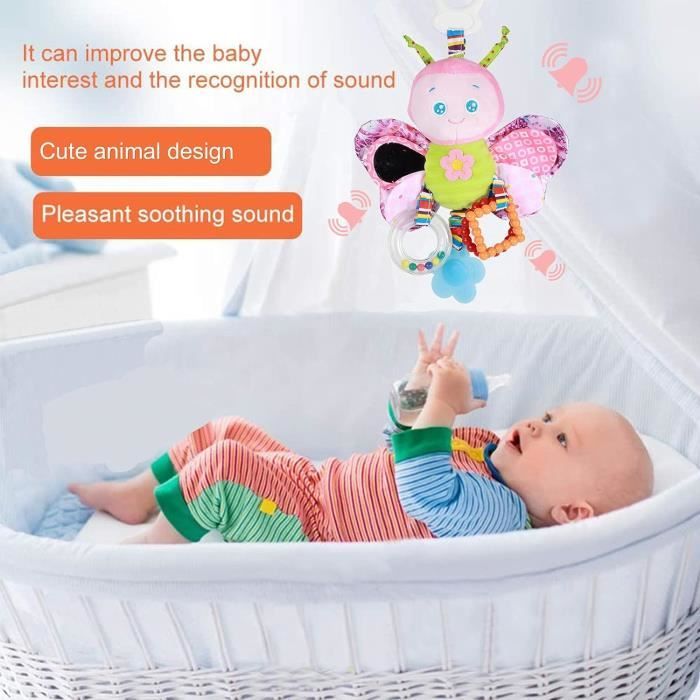 Hochet Lapin Musical Pour Bébé - Peluche Tricotée Avec Boîte à Musique, Accrochable à Poussette Et Berceau (30x17 Cm)