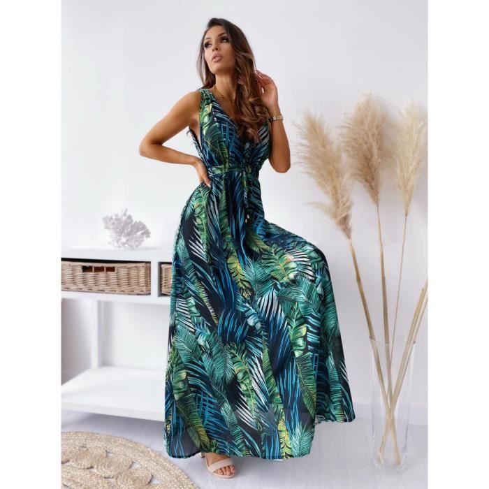Robe Femme Chic Et Elegant Robe Longue Femme Robe Boheme Robe Imprimees Avec Bandage Taille Elastique Col En V Sans vert Vert Cdiscount Pret a Porter